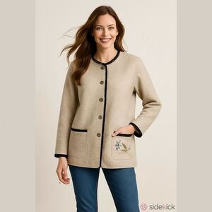 Geiger Wool Alpaca Blend Beige Cardigan Embroidered Cottagecore Large